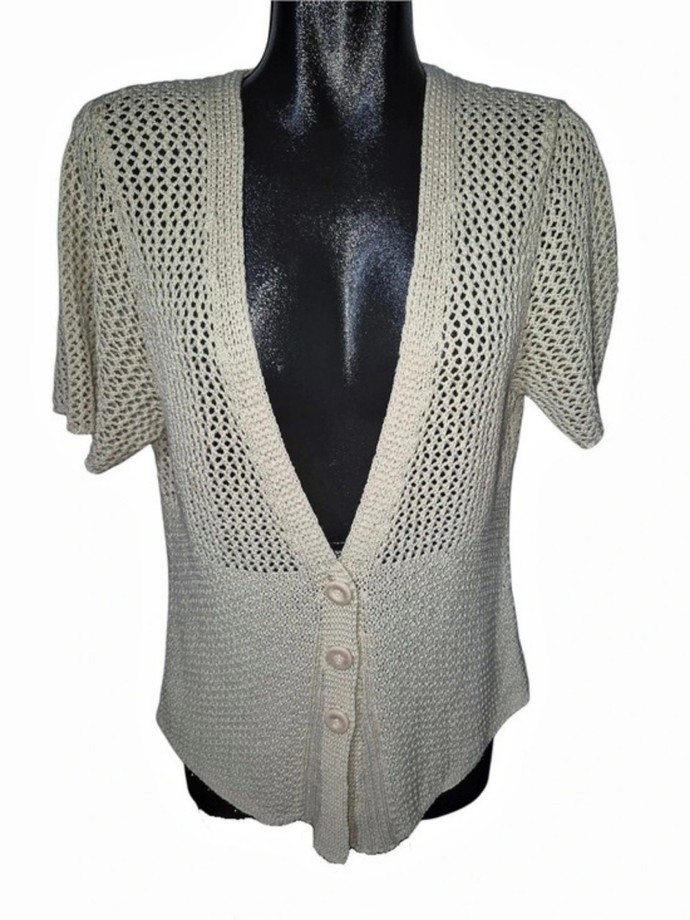 Vintage 90's Open Knit Button Front Short Sleeve Boho Top in Cream Size XL